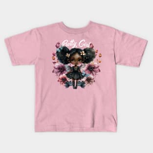 Pretty Black Girl Fairy with Pink Flowers Kids T-Shirt